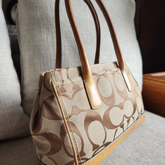 COACH Madeline top handle shoulder satchel khaki signature C and camel leather - Picture 3 of 15